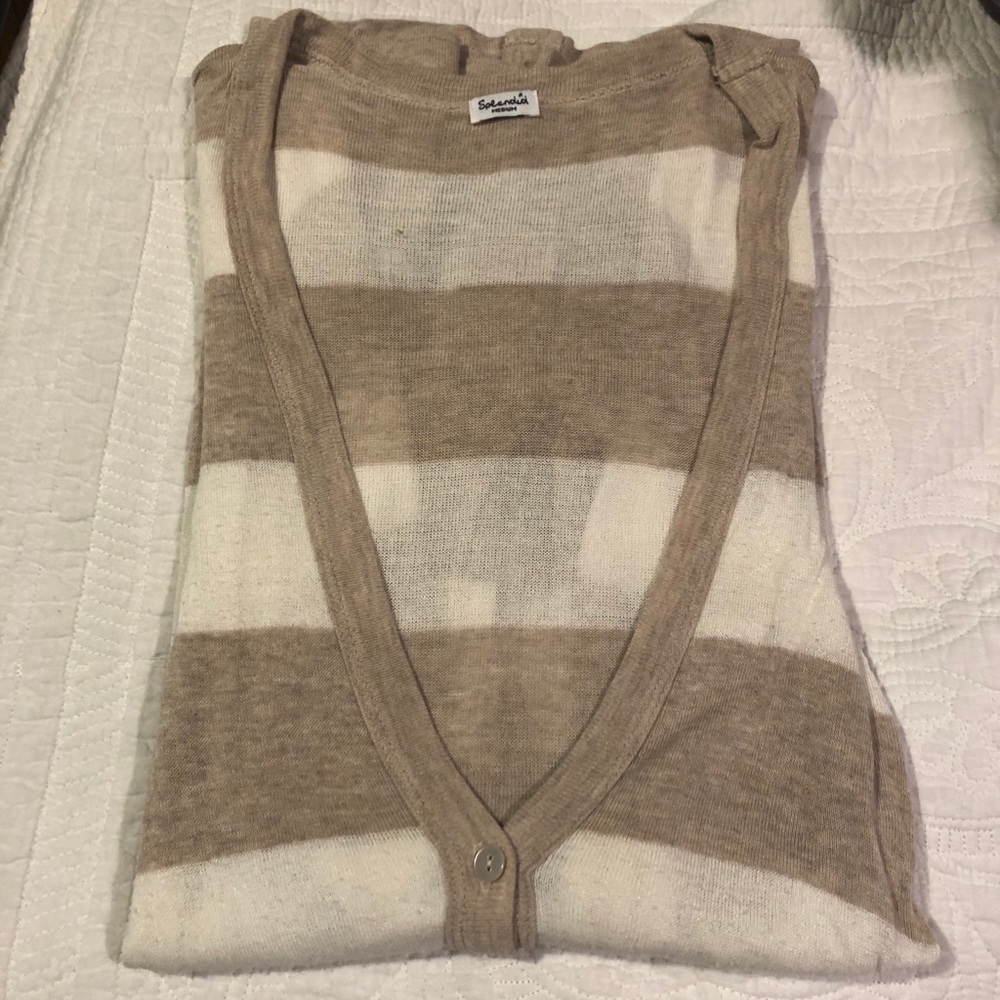 Splendid Neutral Beige and Cream Striped Deep V-neck Sweater Size: Medium